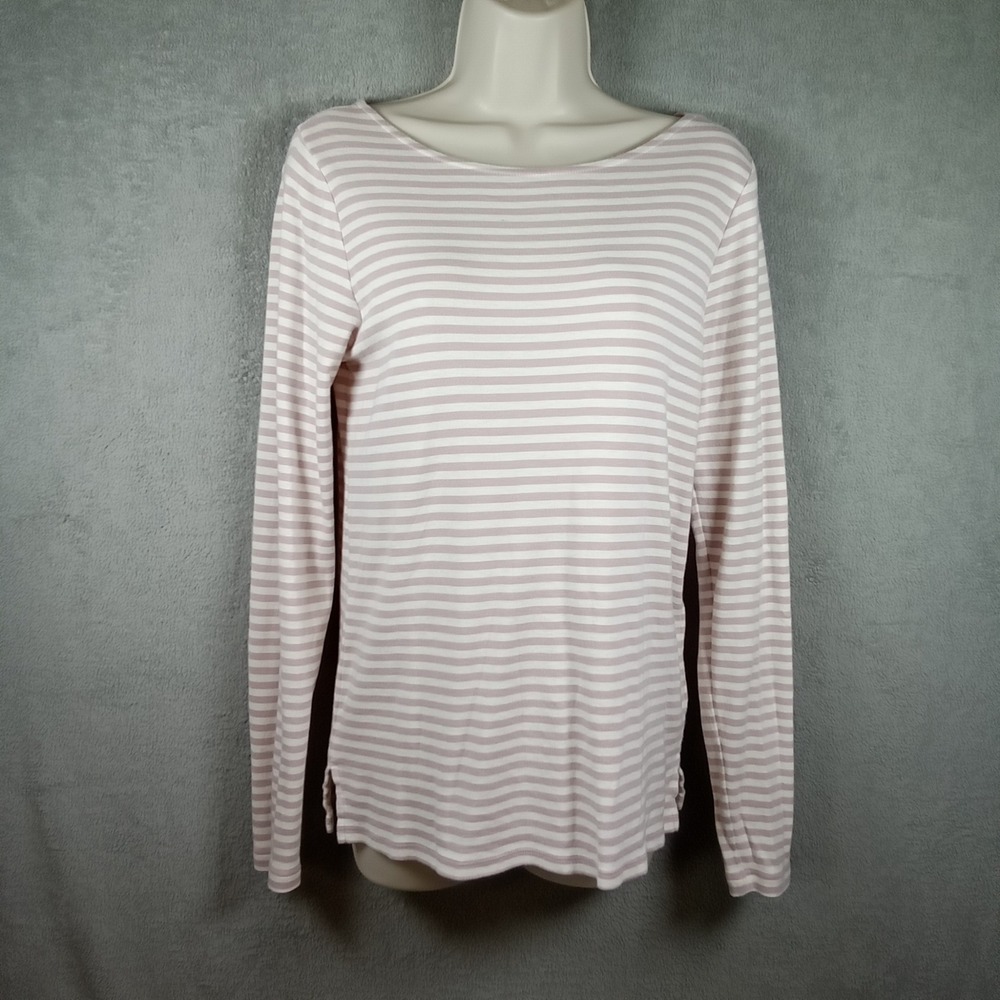 Gap Super Soft Pink White Striped Long Sleeve Boat Neck Tee Shirt Womens Medium
